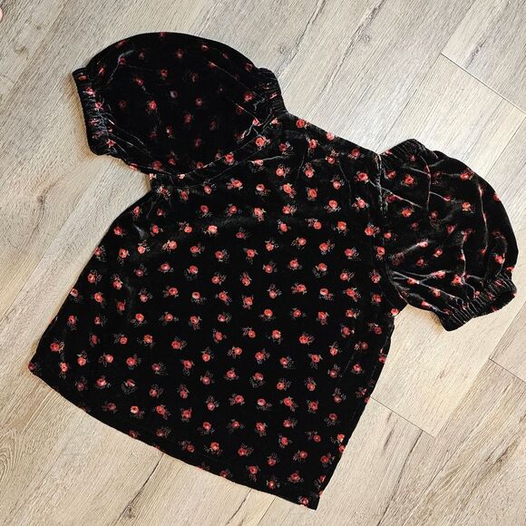 LOFT Whimsygoth Blouse Short Sleeve  Black Velvet Rose Print Peasant XXSP - Picture 4 of 6